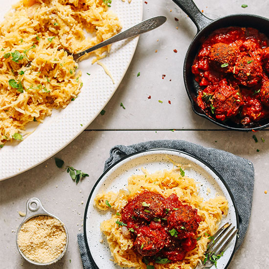 Plate of our Vegan Spaghetti Squash and Meatballs recipe