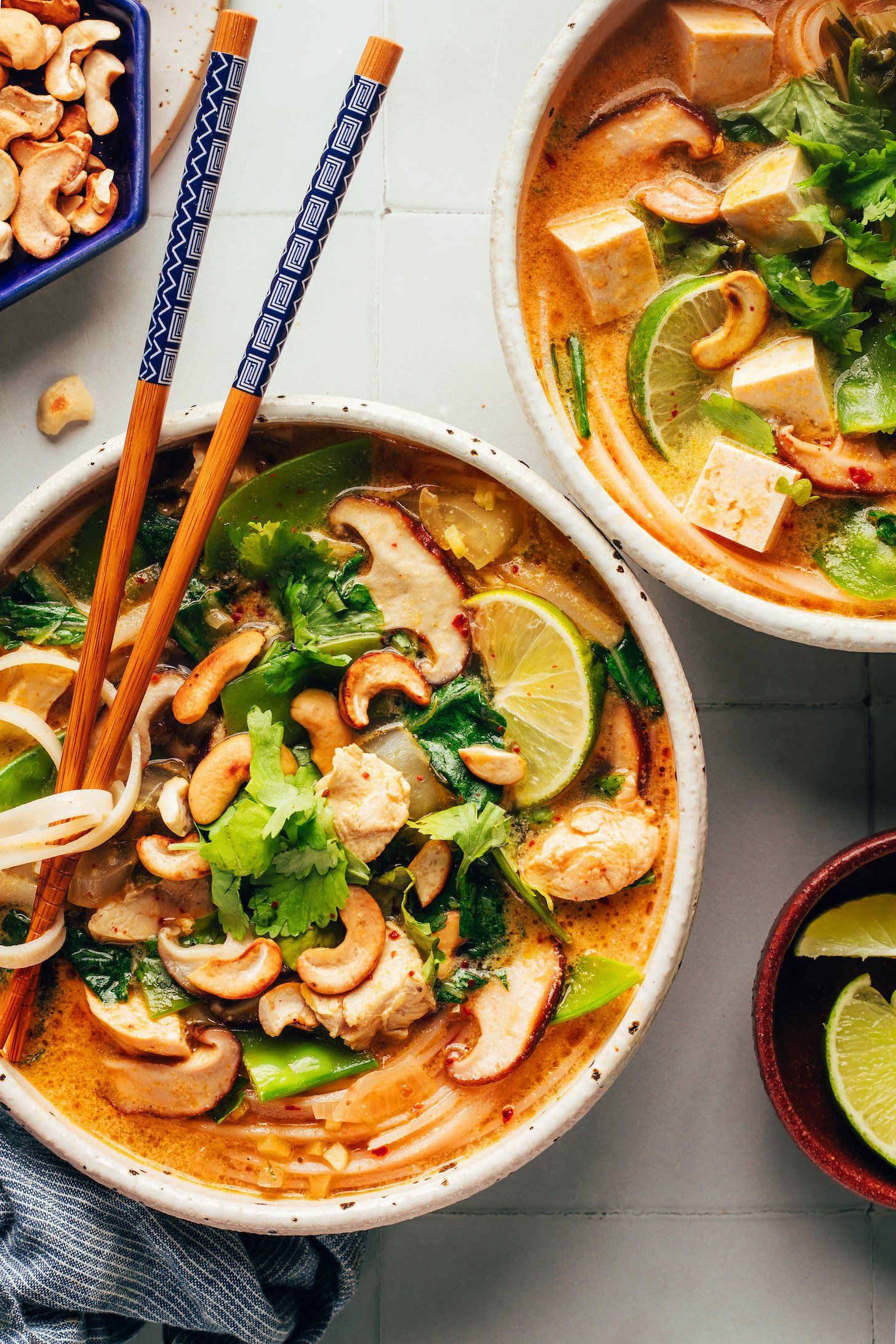 Two bowls of our cozy Thai-inspired curry noodle soup — one with chicken and one with tofu