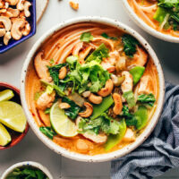 Overhead photo of a bowl of our cozy curry noodle soup with chicken