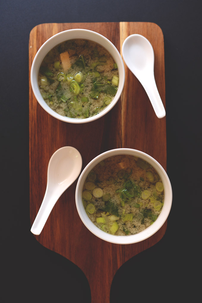 Bowls of miso soup made with green onion and chard