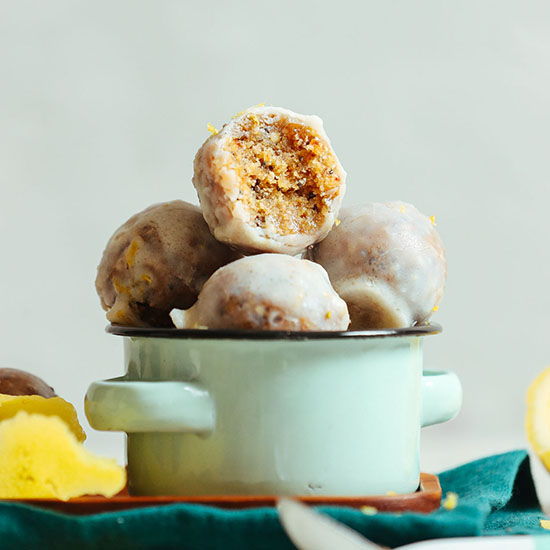 Blue bowl filled with a batch of our vegan Lemon Donut Holes