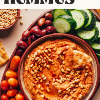 Bowl of homemade sun-dried tomato hummus with veggies and pita around it for serving