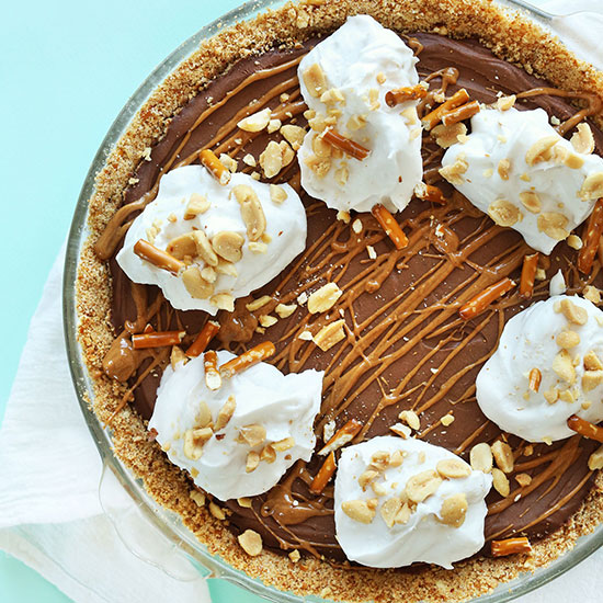 Pie pan filled with Pretzel Peanut Butter Chocolate Pie