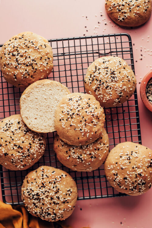 Homemade vegan gluten-free hamburger buns on a cooling rack