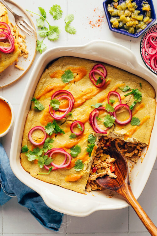 Overhead shot of a ceramic dish filled with creamy vegan casserole